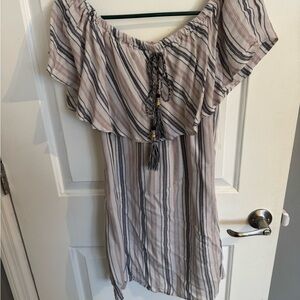 VENUS Striped Off-Shoulder Dress - Pink and Black